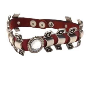 Dog Collar‎ Fancy Clear Cabochon Snap Goth Red Leather Silver Tone Metal